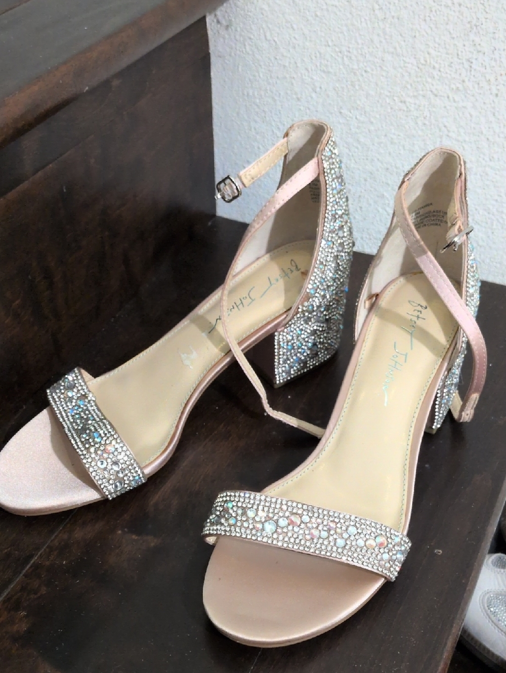 Betsey Johnson Nude Crystal Embellished Block Heel Sandals